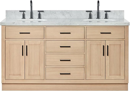 ARIEL Hepburn 66-inch Bathroom Vanity with Sink,Solid Wood, 1.5-inch Italian Carrara Marble Countertop & Backsplash, Double Oval Porcelain Sink, 4 Soft Closing Doors, 6 Dovetail Drawers, White Oak