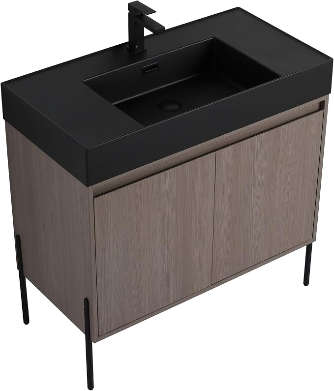 Crownpoint 36 Inch Bathroom Vanity with Sink, Black Sink, Gray Oak Finish, Full Assembly Required, Elegant Bathroom Vanities for Modern Homes