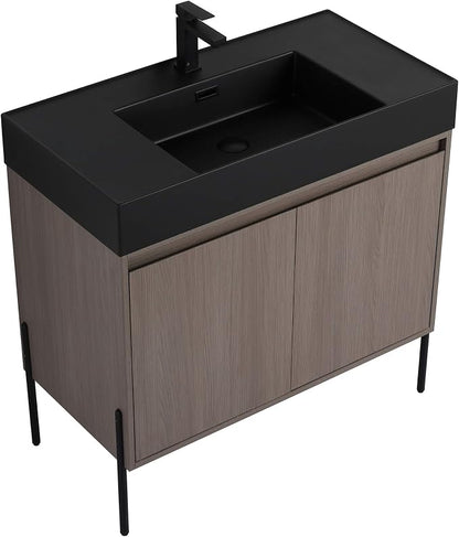 Crownpoint 36 Inch Bathroom Vanity with Sink, Black Sink, Gray Oak Finish, Full Assembly Required, Elegant Bathroom Vanities for Modern Homes
