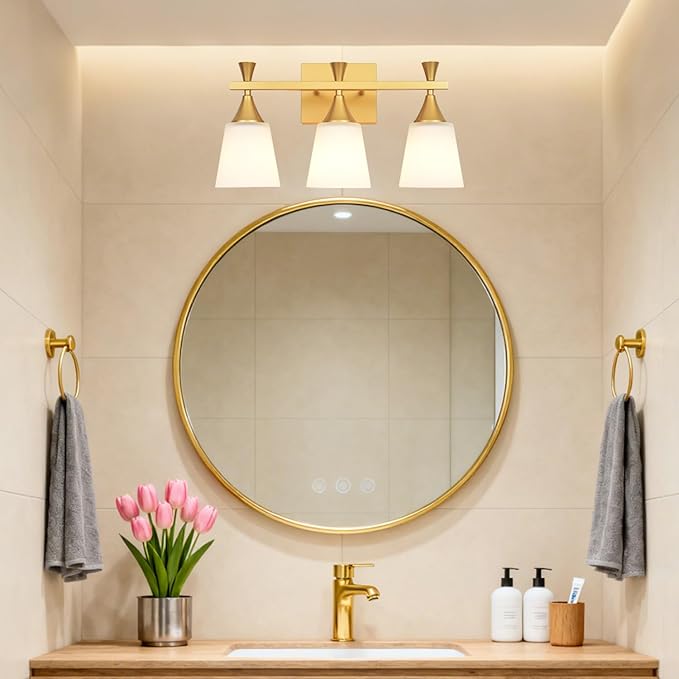 3 Light Modern Bathroom Vanity Light, Milk Glass Wall Light Fixtures Over Mirror, Brushed Gold Vanity Lighting for Bathroom, Living Room, Bedroom, E26 Base (Exclude Bulb)