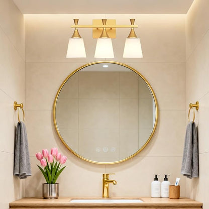 3 Light Modern Bathroom Vanity Light, Milk Glass Wall Light Fixtures Over Mirror, Brushed Gold Vanity Lighting for Bathroom, Living Room, Bedroom, E26 Base (Exclude Bulb)