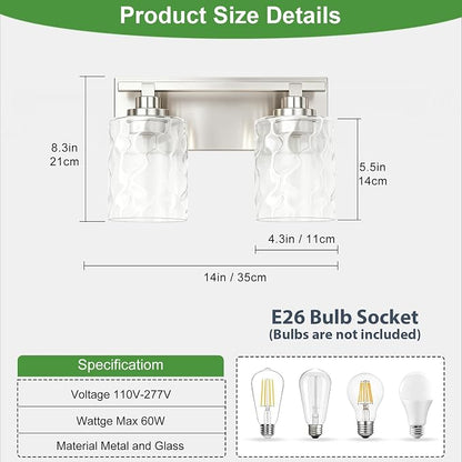 Modern Bathroom Lighting Fixtures Over Mirror, Vanity Lights for Bathroom, Wall Sconces with Clear Glass Shades, E26 Ceramic Socket, 2-Light 14-inch Brushed Nickel