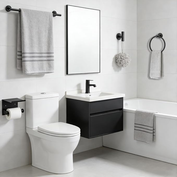 4-Pieces Wall Mount Bathroom Hardware Set,23.6 Inch Towel Bar,Matte Black | Stainless Steel Bathroom Accessories Set,Waterproof Towel Bar ,Toilet Paper Holder with Shelf,Towel Ring,Coat Hook,Rectangle