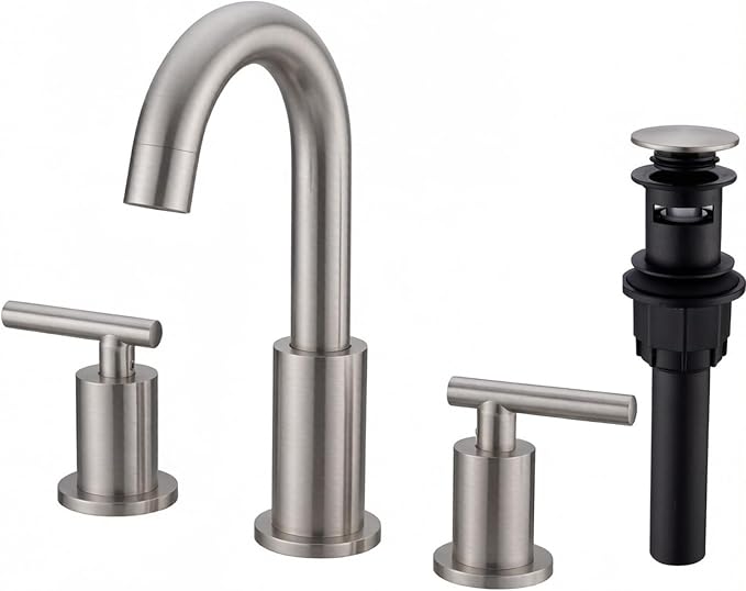 TRUSTMI 8" Widespread Bathroom Faucet Brushed Nickel, Swivel Spout & Drain | Brass Construction, Include Overflow Drain & cUPC Supply Lines, fits 3-Hole 6–12" Vanity Sinks, Spot-Resistant, Easy to Clean