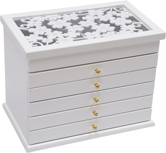 Extra Large Four-Leaf Carved 6 Layers Wooden Jewelry Box Jewelry Case Cabinet Armoire Ring Necklacel Gift Storage Box Organizer (White)