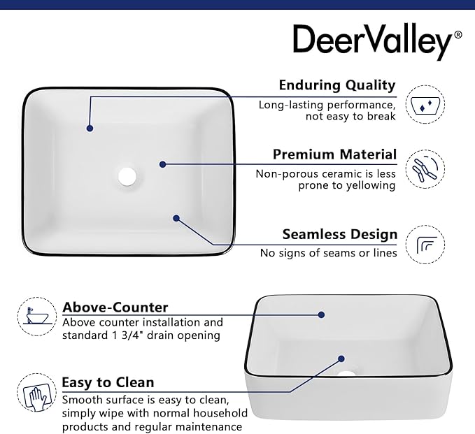 DeerValley 19x15 Inch White and Black Rectangular Vessel Sink, Porcelain Ceramic Above Counter Bathroom Vanity Basin, Modern Art Design, DV-1V0002