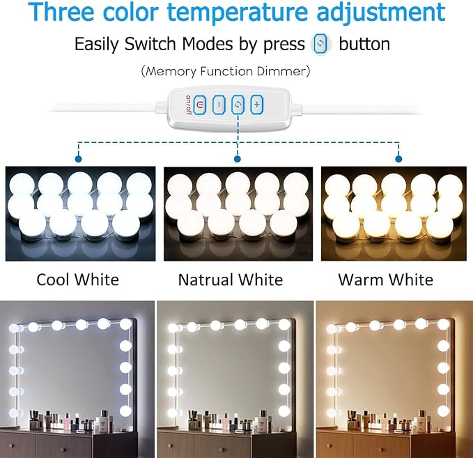LED Vanity Lights for Mirror, Hollywood Style Vanity Lights with 10 Dimmable Bulbs, Adjustable Color & Brightness, USB Cable, Mirror Lights Stick on for Makeup Table Dressing Room (14 Lights)