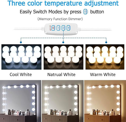 LED Vanity Lights for Mirror, Hollywood Style Vanity Lights with 10 Dimmable Bulbs, Adjustable Color & Brightness, USB Cable, Mirror Lights Stick on for Makeup Table Dressing Room (14 Lights)
