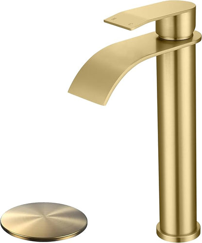 Brushed Gold Vessel Sink Faucet, High Bathroom Sink Faucet, High Waterfall Bathroom Faucet, Single Handle Basin Faucet, Come with Water Hose and Metal Pop Up Drain Without Overflow Hole