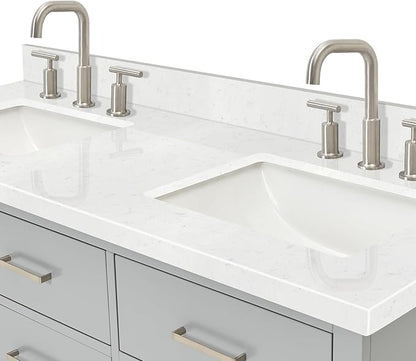 ARIEL Hutton 60-inch Bathroom Vanity with Sink,Solid Wood, 1.5-inch Carrara White Quartz Countertop & Backsplash, Double Rectangular Porcelain Sink, 3 Dovetail Drawers, Grey