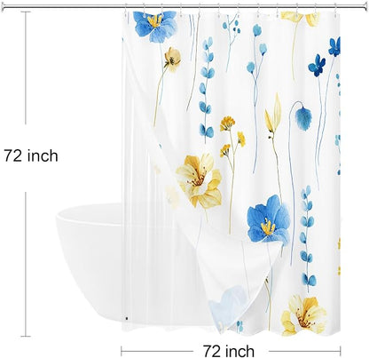 3 in 1 Blue Yellow Watercolor Floral Shower Curtain Liner Set, 72x72