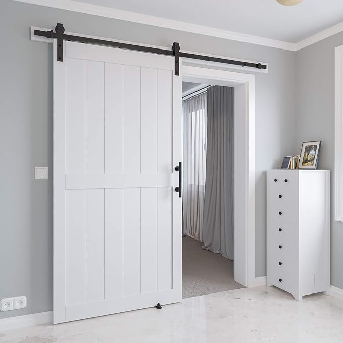 42in x 84in MDF Sliding Barn Door with 7ft Barn Door Hardware Kit & Handle | White Solid Barn Door Slab Covered with Water-Proof PVC Surface, Pre-Drilled Holes Easy Assembly, H-Frame