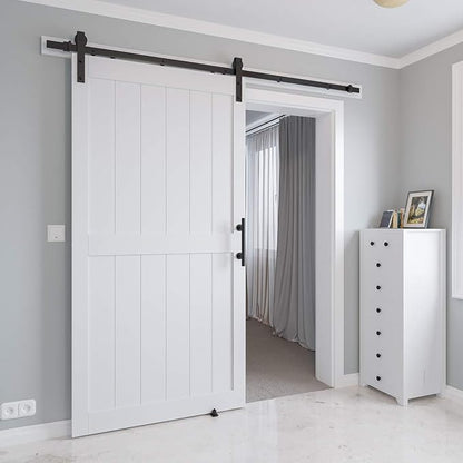 42in x 84in MDF Sliding Barn Door with 7ft Barn Door Hardware Kit & Handle | White Solid Barn Door Slab Covered with Water-Proof PVC Surface, Pre-Drilled Holes Easy Assembly, H-Frame
