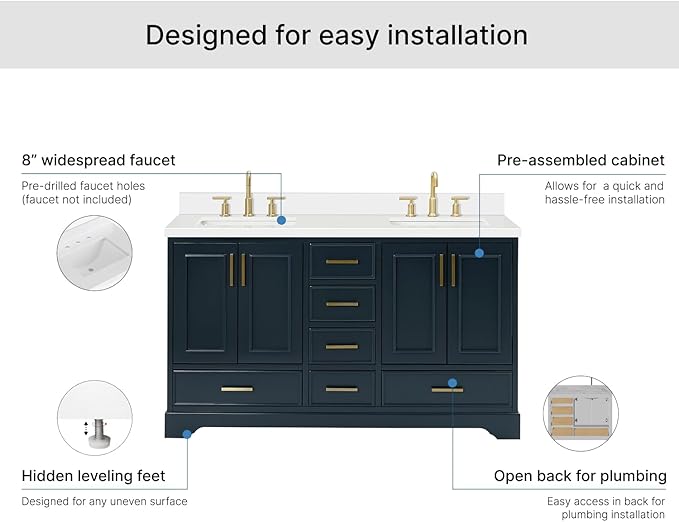 ARIEL Stafford 60-inch Bathroom Vanity with Sink,Solid Wood, 1.5-inch Pure White Quartz Countertop, Double Rectangular Porcelain Sink, 4 Soft Closing Doors, 6 Dovetail Drawers, Midnight Blue