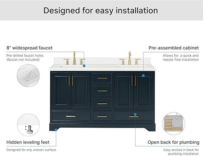 ARIEL Stafford 60-inch Bathroom Vanity with Sink,Solid Wood, 1.5-inch Pure White Quartz Countertop, Double Rectangular Porcelain Sink, 4 Soft Closing Doors, 6 Dovetail Drawers, Midnight Blue
