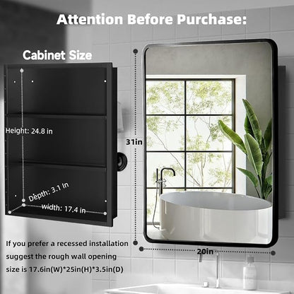 Movo Black Metal Framed Bathroom Mirror Medicine Cabinet, 20 Inch x 31 Inch, Tilting Beveled Vanity Mirror, Recess or Surface Mount Installation