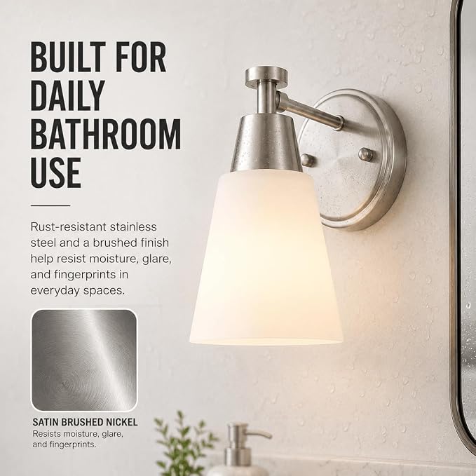 1-Light Bathroom Vanity Light, Brushed Nickel Finish Wall Sconce with Milk Glass, Over Mirror, for Bathroom Vanity