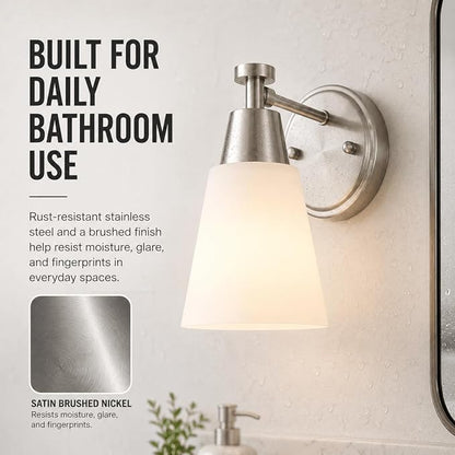 1-Light Bathroom Vanity Light, Brushed Nickel Finish Wall Sconce with Milk Glass, Over Mirror, for Bathroom Vanity