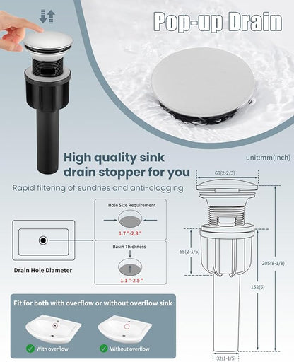 Bathroom Faucets, Bathroom Sink Faucet with Pop-up Sink Drain Stopper & Deck Plate 1 or 3 Hole, Single Handle Modern Farmhouse RV Faucet, Brushed Sealing Glaze