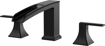 FORIOUS Roman Bathtub Faucet 3 Hole Deck Mount with 2 Handle Matte Black | Tub Faucet for 3-Hole Set, 6-12" Centered Distance, Widespread Garden Bath Tub, Waterfall Spout, High Flow, Brass