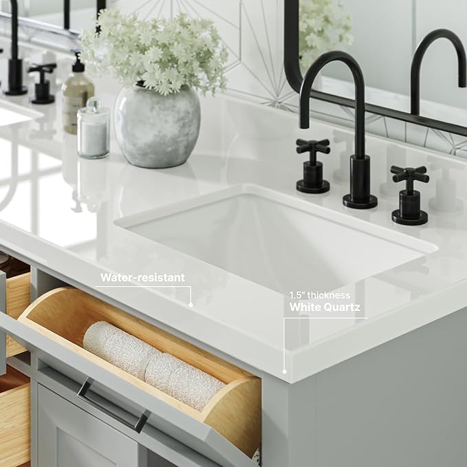 ARIEL Hepburn 66-inch Bathroom Vanity with Sink,Solid Wood, 1.5-inch Pure White Quartz Countertop & Backsplash, Double Rectangular Porcelain Sink, 4 Soft Closing Doors, 6 Dovetail Drawers, Grey