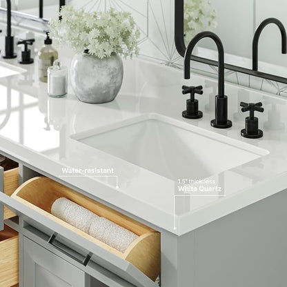 ARIEL Hepburn 66-inch Bathroom Vanity with Sink,Solid Wood, 1.5-inch Pure White Quartz Countertop & Backsplash, Double Rectangular Porcelain Sink, 4 Soft Closing Doors, 6 Dovetail Drawers, Grey
