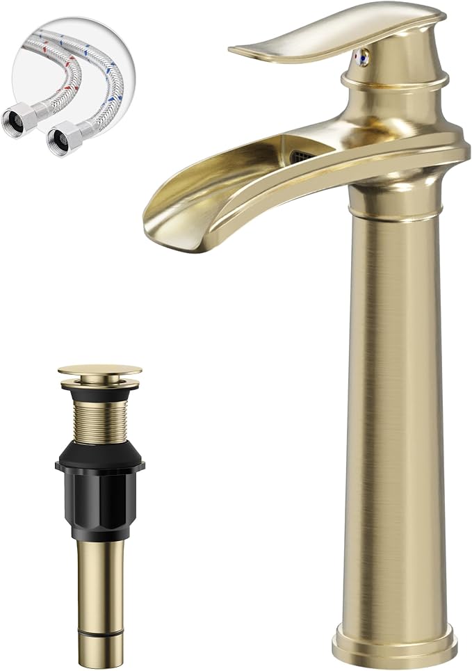 Brushed Gold Vessel Sink Faucet Brass Waterfall Bathroom Faucet Single Hole | with Pop Up Drain Assembly and Supply Hoses, Single Handle Tall Bathroom Faucets Lavatory Vanity Mixer Tap by BATHLAVISH