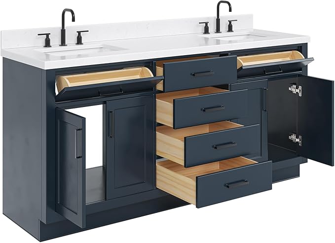 ARIEL Hepburn 72-inch Bathroom Vanity with Sink,Solid Wood, 1.5-inch Carrara White Quartz Countertop, Double Rectangular Porcelain Sink, 4 Soft Closing Doors, 6 Dovetail Drawers, Midnight Blue