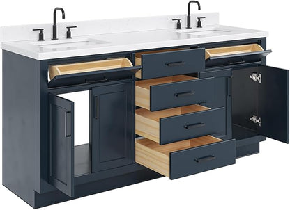 DKB Isabella 72 Inch Bathroom Vanity Double Sink — Midnight Blue Bathroom Vanity with Sink, 1.5" Edge Carrara White Quartz Countertop, 4 Soft-Close Doors, 4 Dovetail Drawers, and 2 Tilt Drawers