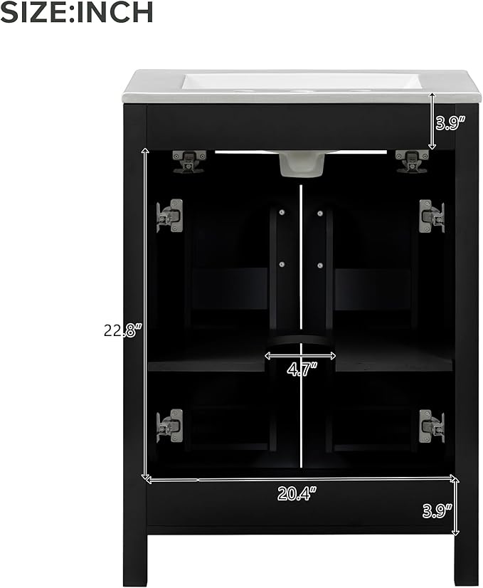 Harper & Bright Designs 48" Bathroom Vanity Set with Double Sink, Free Standing Single Basin Vanity Set with 2 Soft-Close Doors and Drawer, Wood Storage Cabinet with Ceramic Basin for Bathroom, Black