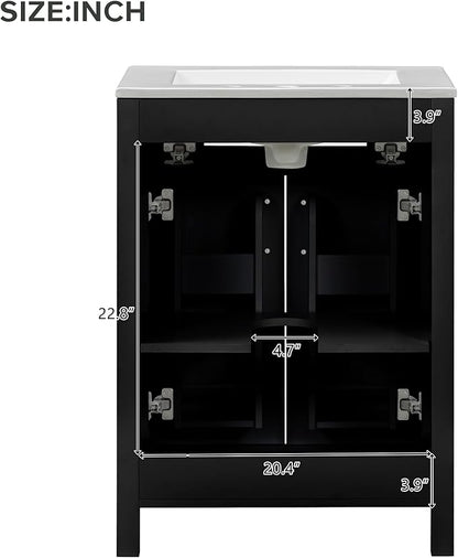 Harper & Bright Designs 48" Bathroom Vanity Set with Double Sink, Free Standing Single Basin Vanity Set with 2 Soft-Close Doors and Drawer, Wood Storage Cabinet with Ceramic Basin for Bathroom, Black
