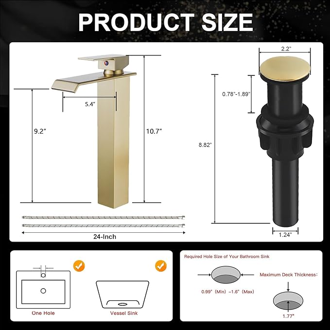 Bathroom Vessel Sink Faucet Brushed Gold, Waterfall Bathroom Faucet, Vessel Faucet, Tall Body High 1 Hole Single Handle with Pop Up Drain Combo Vanity Mixer Tap Commercial Basin Bowl Sink