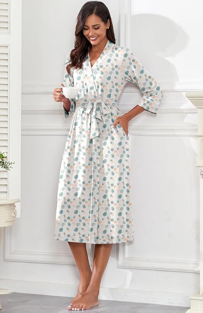 PrinStory Robes for Women 3/4 Sleeve Long Bath Robe XS-4XL | V-Neck Knit Bathrobe with Pockets, Lightweight, Soft, Breathable Robes for Shower, Spa, Travel, Home, Party, Nursing