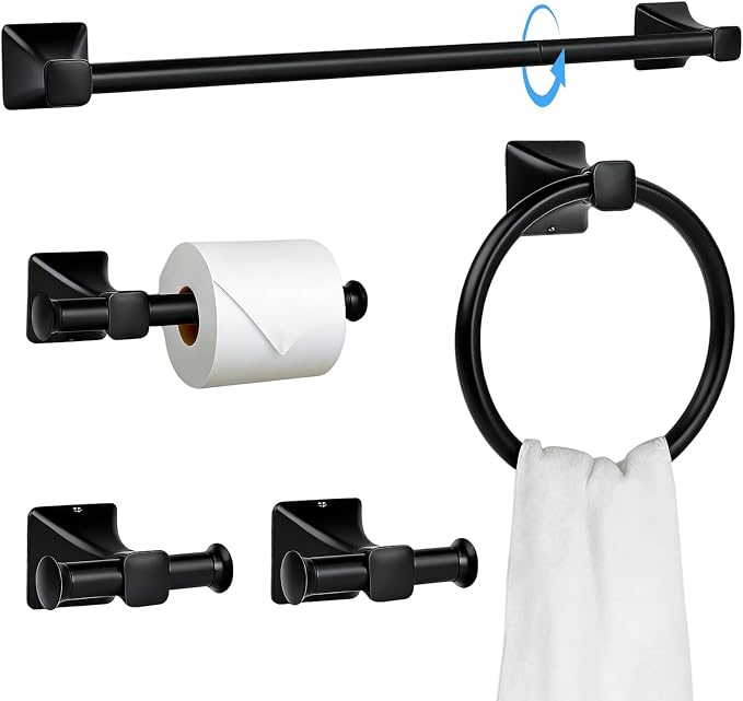 5-Piece Matte Black Bathroom Hardware Set, SUS304 Stainless Steel Wall Mounted Towel Rack Set, 24 Inch Towel Bar, Towel Ring, Toilet Paper Holder, 2 Towel Hooks, Multipurpose Bathroom Accessories