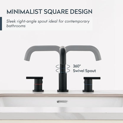 Black Bathroom Faucet 3 Hole, Widespread 8-Inch Bathroom Sink Vanity Utility Sink Faucet for with Full-Metal Pop-Up Drain, Matte Black