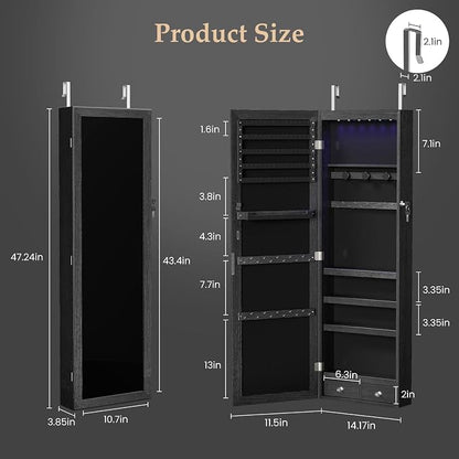 DUMOS 6 LEDs Mirror Jewelry Organizer Cabinet, Jewelry Armoire, 47.2 Inch | Hanging Door or Wall Mounted Mirror, Lockable, Large Capacity Cosmetic Storage, 2 Drawers, Gift Idea, Black