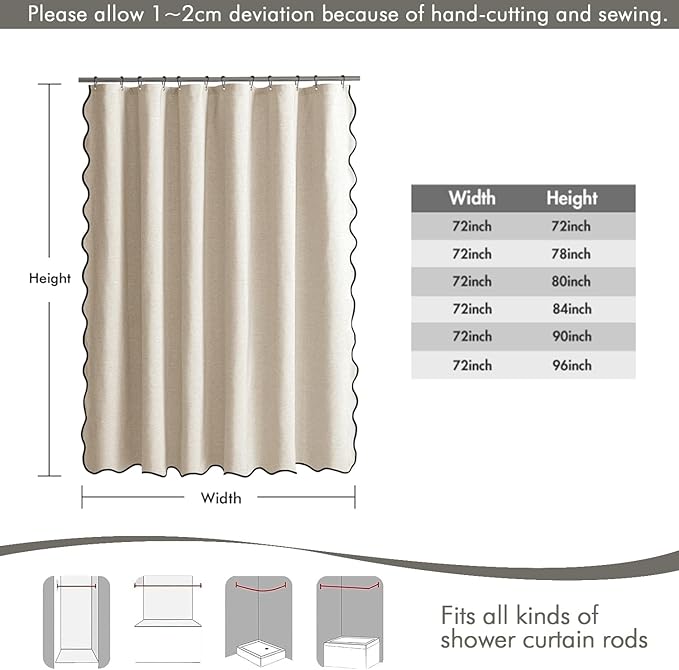 MIULEE 72"x84" Extra Long Scalloped Linen Shower Curtain Cream Beige | Linen Textured, Waterproof, Washable, 12 Metal Hooks, Heavy Duty Cloth, Black Border, Shower Curtain for Bathroom Bathtub