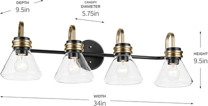 Kichler Farum 34" 4-Light Vanity Light with Clear Glass in Black, for Single or Double Vanity, Over a Mirror, Powder Room, Bathroom, (34" W x 9.5" H), 55156BKCLR