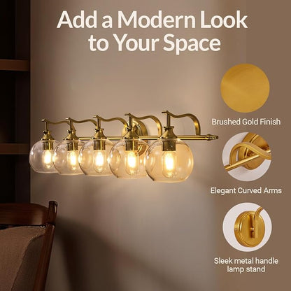 Brushed Gold Bathroom Light Fixtures, 5-Light Vanity Lights for Mirror, 35 Inch Modern Wall Sconces Lighting with Globe Clear Shade Up or Down Wall Mounted for Bedroom, Living Room, Hallway