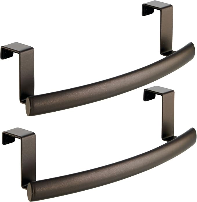mDesign Steel Over Door Curved Towel Bar Storage, Hanger for Cabinet or Cupboard, Holder Rack for Kitchen, Bathroom - Holds Hand/Dish Towels, Washcloths - Spira Collection - 2 Pack - Bronze