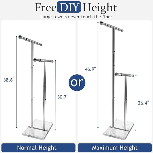 Kayfia 40" Standing Towel Rack with Weighted Marble Base, Width Adjustable & Taller Bathroom Towel Rack Stand, 2-Tier Towel Racks for Bathroom, Multiple Spaces Stainless Steel Brushed Finish