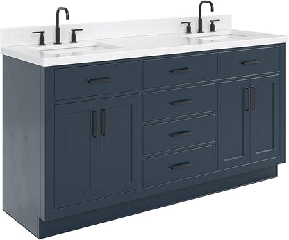 ARIEL Hepburn 66-inch Bathroom Vanity with Sink,Solid Wood, 1.5-inch Carrara White Quartz Countertop, Double Rectangular Porcelain Sink, 4 Soft Closing Doors, 6 Dovetail Drawers, Midnight Blue