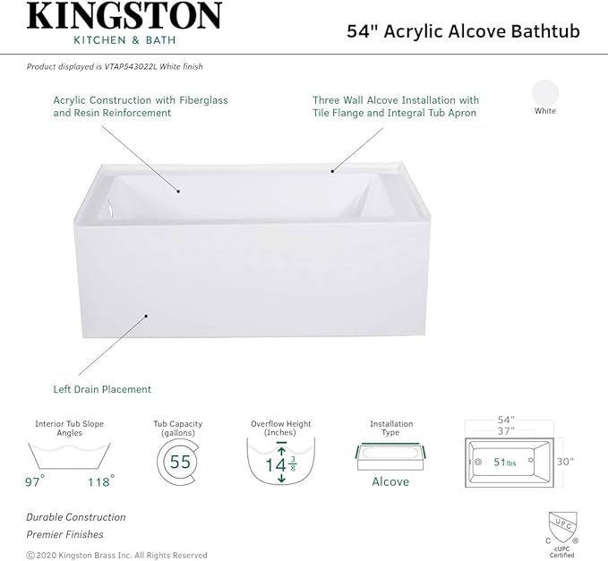 Kingston Brass Aqua Eden VTAP543022L 54-Inch Acrylic Alcove Tub with Left Hand Drain, White