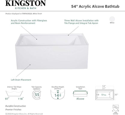 Kingston Brass Aqua Eden VTAP543022L 54-Inch Acrylic Alcove Tub with Left Hand Drain, White