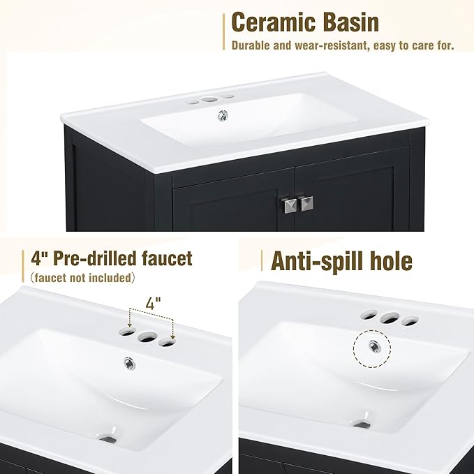 LUMISOL 60" Bathroom Vanity with Double Sink, Solid Wood Bathroom Cabinet with 2 Drawers, Storage Racks & 2 Cabinets, Separate Two 30 Inch Bathroom Vanities with Double Ceramic Sinks, Black