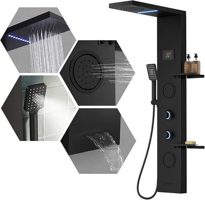 5 in 1 Black Shower Panel Tower System With Storage Shelf, 304 Stainless Steel Shower Tower with Rainfall Shower Handheld and Tub Spout, Powerful Body Jets, Wall-Mounted Shower Set