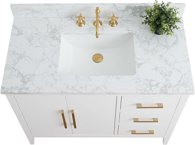 HomeBeyond 42 Inch Bathroom Vanity with Sink & Ceramic Top, Single Vanity Cabinet with Basin, Soft-Closing Doors & Matte Black Hardware, White