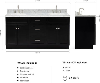 Bradford 66" Black Double Bathroom Vanity, 1.5" Edge Italian Carrara Marble Countertop, Rectangular Undermount Sinks, 2 Soft Closing Doors, 3 Dovetail Drawers, Brushed Nickel
