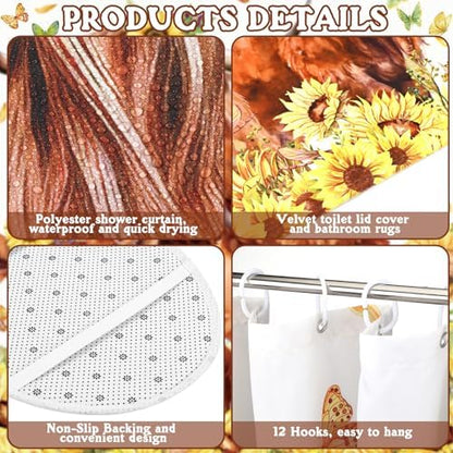 FuWeave 8 Pcs Highland Cow Shower Curtain Set, Sunflower Bathroom Set