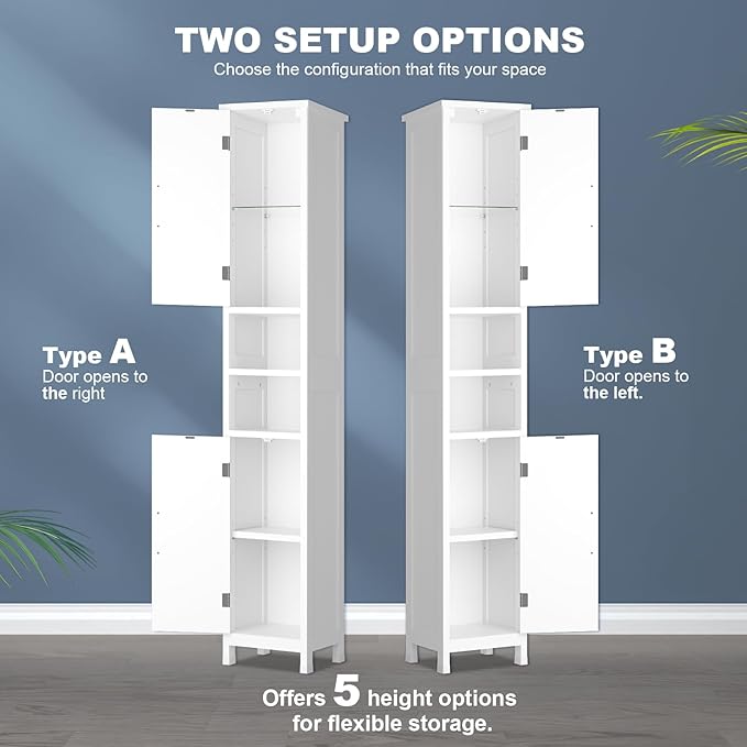 67" Tall Bathroom Storage Cabinet with Lights, Slim Narrow Bathroom Cabinet Organizer with Doors and Adjustable Shelves, Tall Cabinet for Small Space (66.9" Tall-White with Light) | with Lights, Slim, Narrow, with Doors, Adjustable Shelves, Tall Cabinet